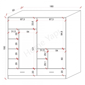 Gardrop 4 Kapaklı 2 Çekmece 180 cm Beyaz resim 3