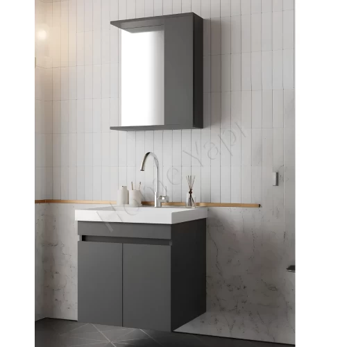 Banyo Dolabı 60 Cm Antrasit Full Mdf Lavabo Dahil