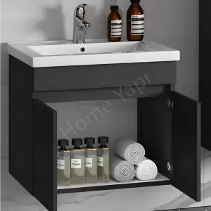 Banyo Dolabı 60 Cm Antrasit Full Mdf Lavabo Dahil resim2