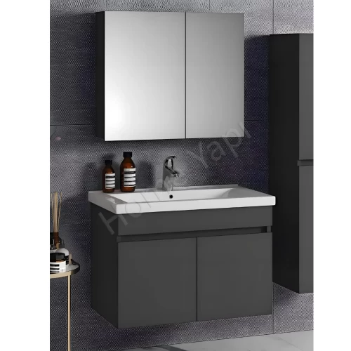 Banyo Dolabı 60 Cm Antrasit Full Mdf Lavabo Dahil